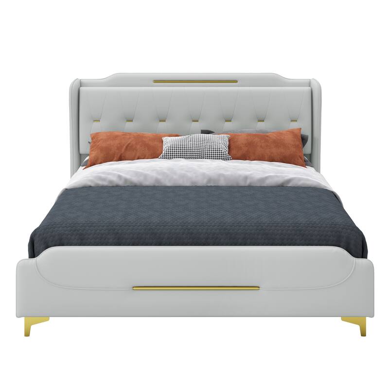 PU Upholstered Queen Size Leather Bed frame with Wingback Headboard and Footboard