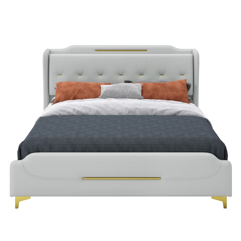 Queen Size Leather Bed frame with Wingback Headboard & Footboard, PU Upholstered Platform bed, Solid Wooden Slats Support