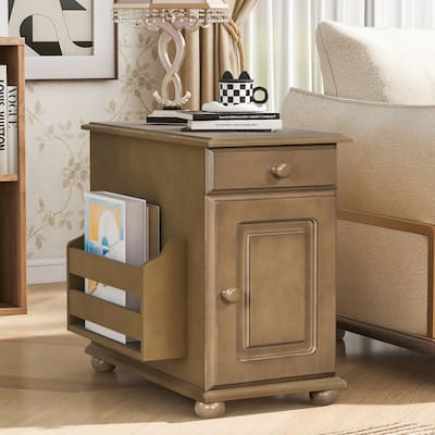 Roomfitters Vintage Sofa Side Table with USB Ports, Flip Top, Cup Holders and Bookshelf Storage for Small Spaces
