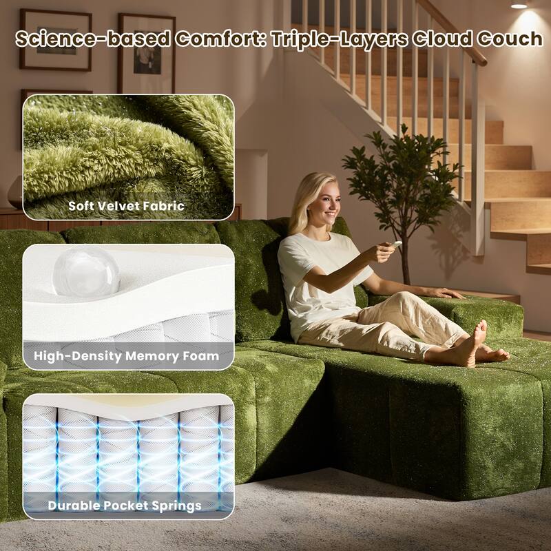 HOOOWOOO Modern Sparkly Velvet Fabric Chaise Sofa Couch with Ottoman