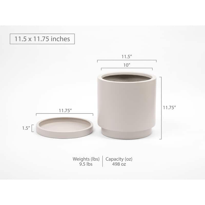 Indoor/Outdoor Large 1-Piece Nordic Minimalist Fiberstone Lightweight Round Planter Pot With Saucer - 15, 11 inch Matte Finish - 12.25 In. H x 11.75 In. W x 11.75 In. L - Gray Cream