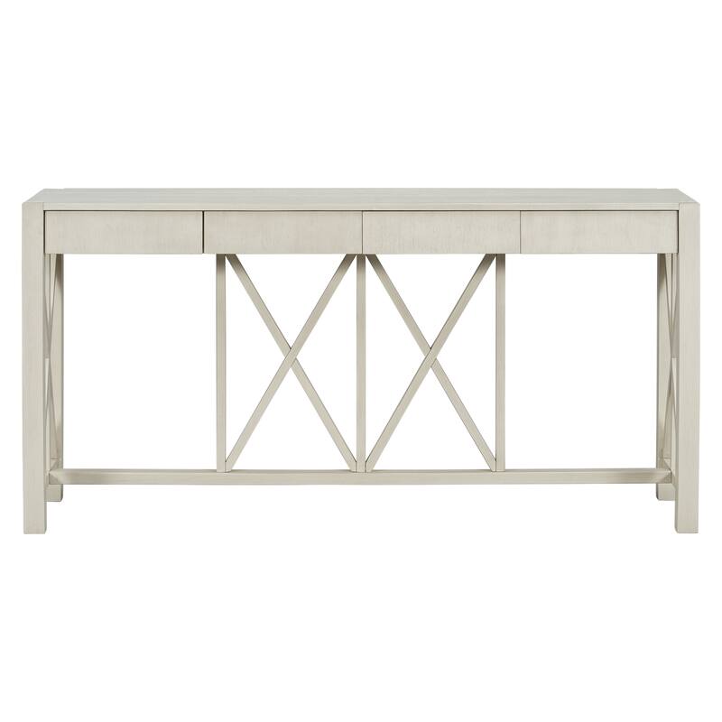 Acacia Veneer Console Table Entryway Table with 4 Drawers and X-Leg, Farmhouse Sofa Table with Open Bottom Storage