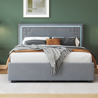 Oriental Style Upholstered Platform Bed with Rivet-decorated Headboard ...