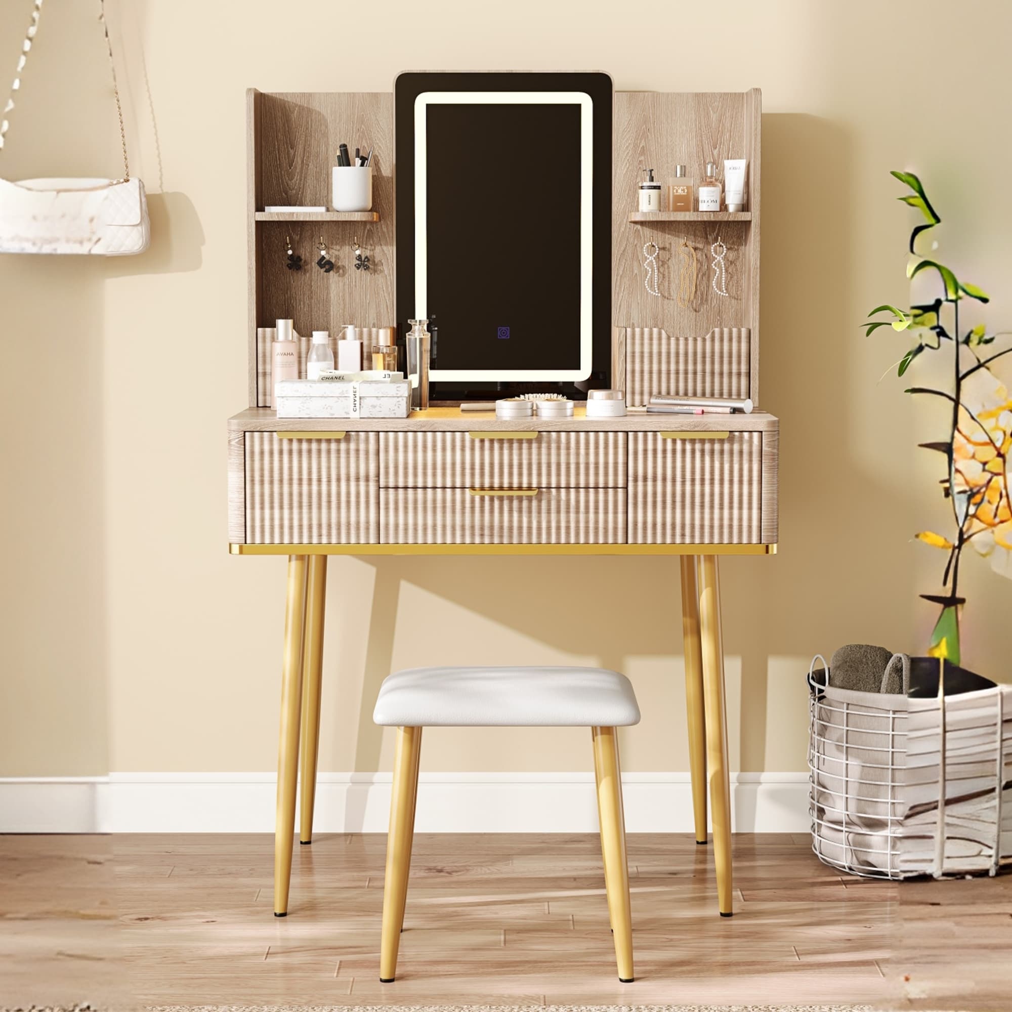 4-Drawer Vanity Desk with LED Mirror & Carved Details, Fluted Makeup Table with Metal Legs and PU Stool