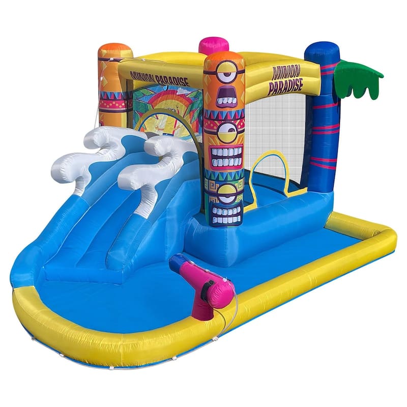 Minions Bounce House Waterslide, Outdoor Fun Tropical Inflatable Waterpark, Backyard Slide with Water Cannon for Kids Ages 3-8