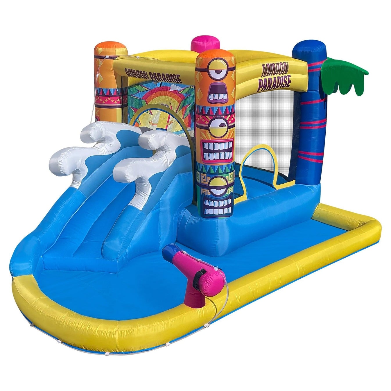 Minions Bounce House Waterslide, Outdoor Fun Tropical Inflatable Waterpark, Backyard Slide with Water Cannon for Kids Ages 3-8