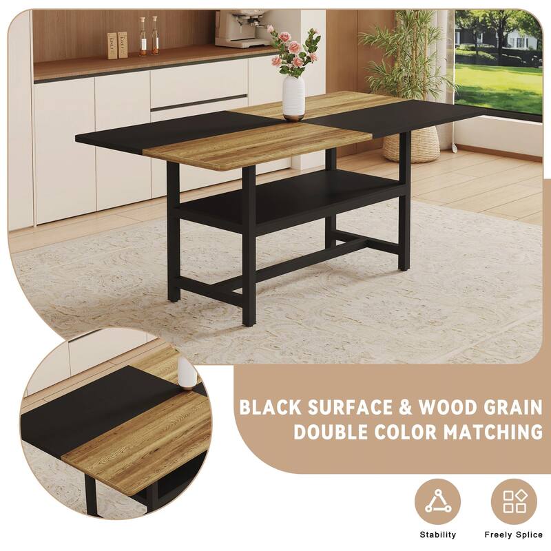 7-Piece Dining Table Set with Wood Tabletop and Storage Shelf, 71" Rectangular Table with 6 Linen Chairs for Family, Kitchen