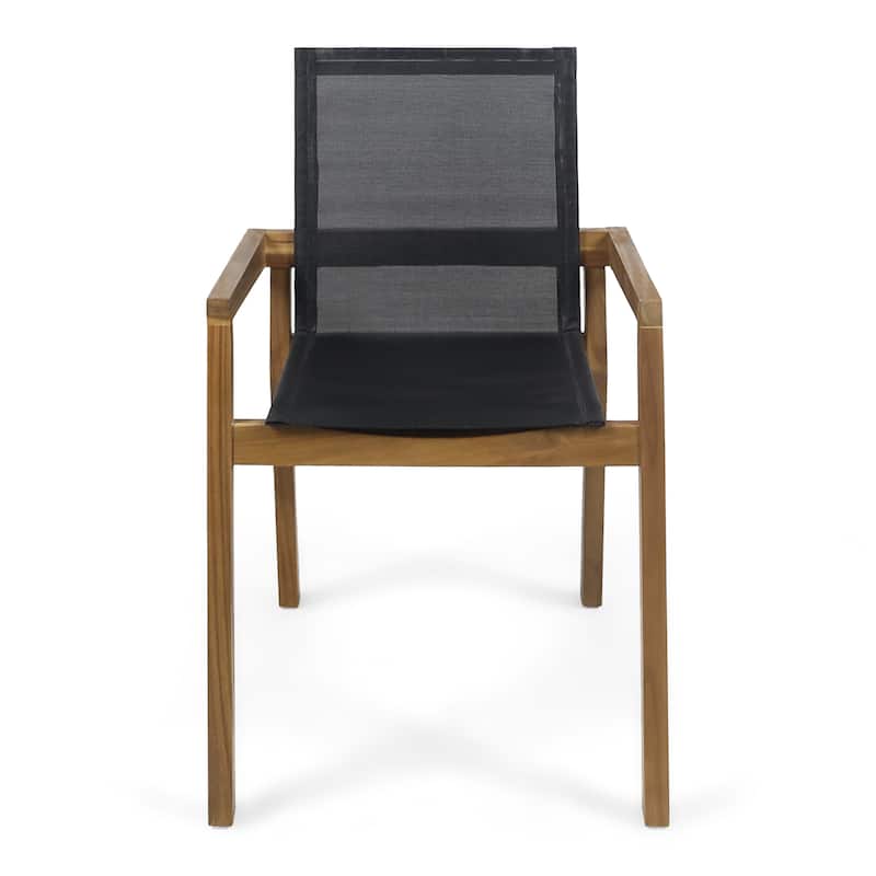 Outdoor 2 Piece Wooden Armrest Dining Chair with Mesh Backrest for Dining Room Kitchen Bedroom Living Room