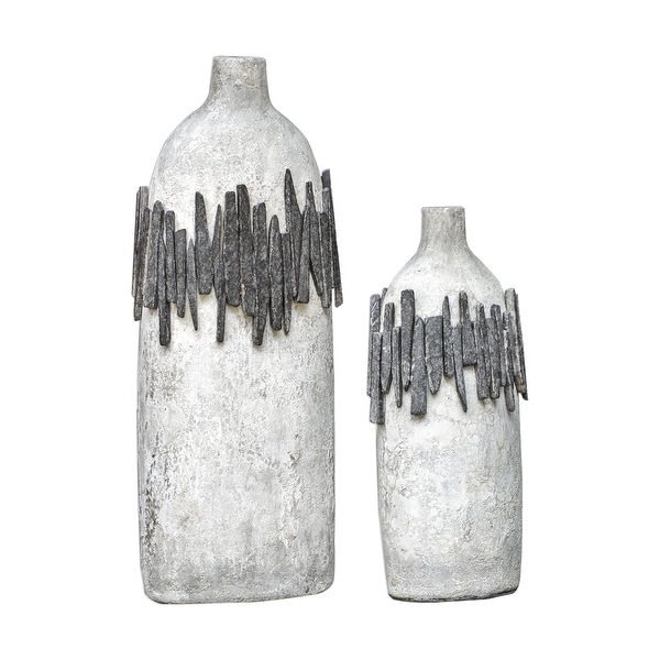 Set of 2 Rutva Aged Ivory Terracotta Vases with Aged Black Accents 28" - N/A