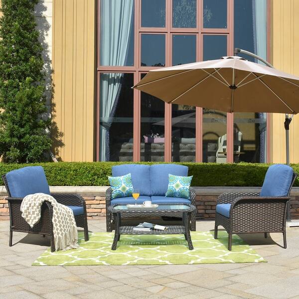 Shop Ovios 4 Piece Water Resistant Wicker Deep Seating Outdoor Sofa Set Overstock 29258382