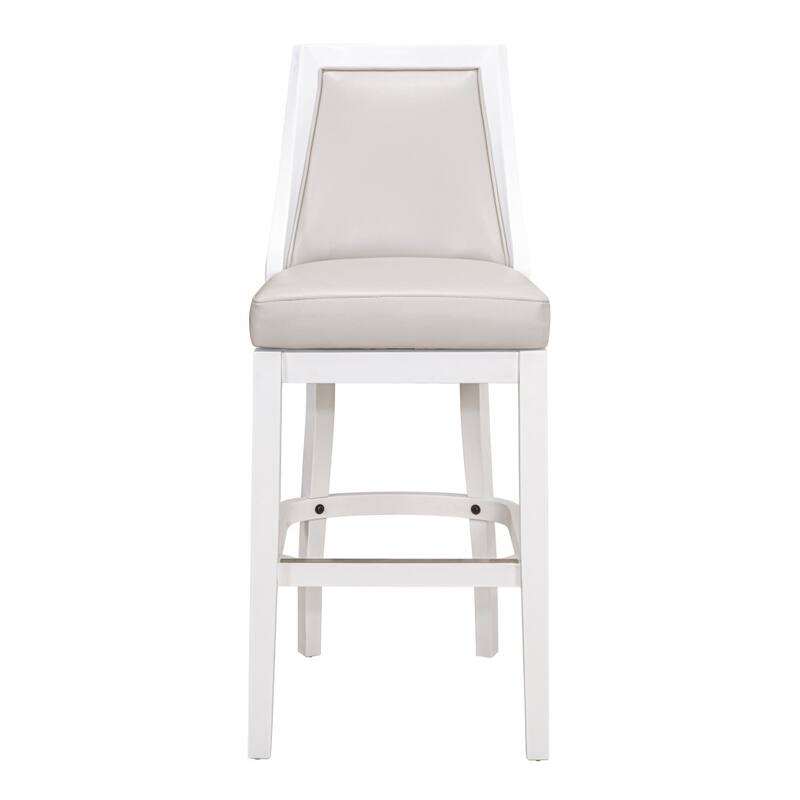 31" Gray And White Faux Leather And Solid Wood Bar Height Swivel Bar Chair