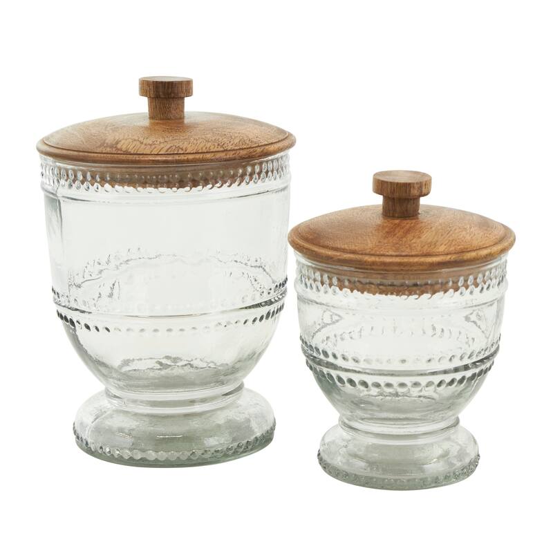 Clear Glass Beaded Living Room Decorative Jars with Wood Lids (Set of 2)