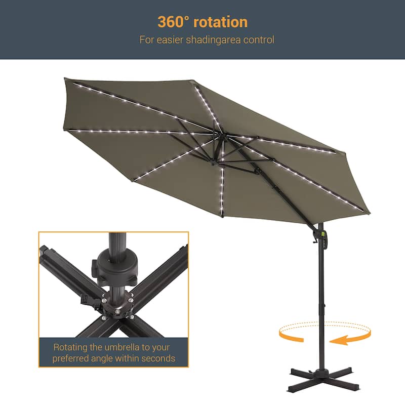 BONOSUKI 10Ft LED Patio Cantilever Offset Umbrella With Cross Base