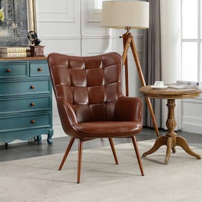 Vintage Wingback Chair Tufted Button PU Leather Accent Chair