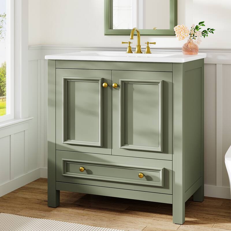 Bathroom Vanity with Sink, Solid Wood Frame Freestanding Vanity with Door Organizer and Drawer