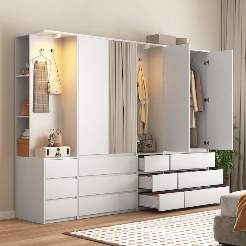 Wardrobe Armoire Closet with 2 Doors, White Clothing Storage Cabinet with 6 Drawers and Hanging Rail