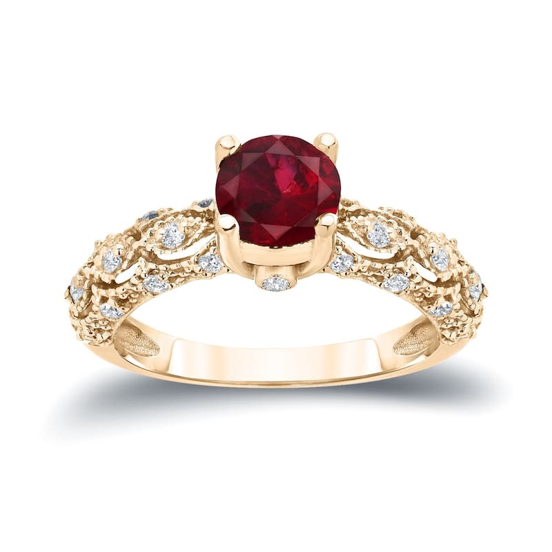 Auriya Vintage 1ct Red Ruby 1/4ctw Diamond Engagement Ring 14k Gold - Yellow - 4