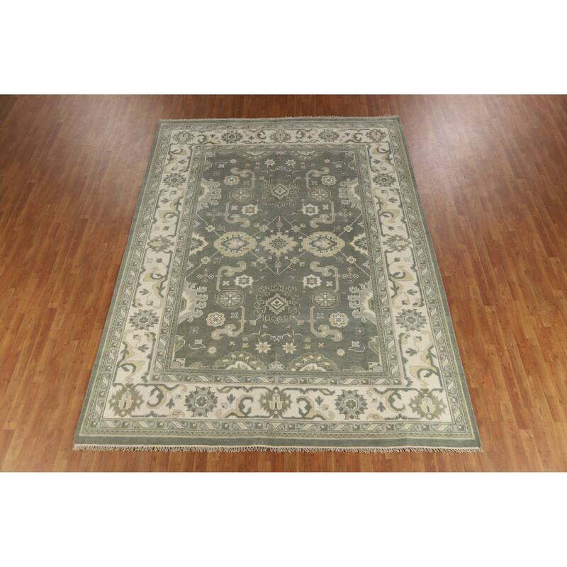 Green Oushak Indian Area Rug Hand-Knotted Wool Carpet - 8'10" x 11'10"
