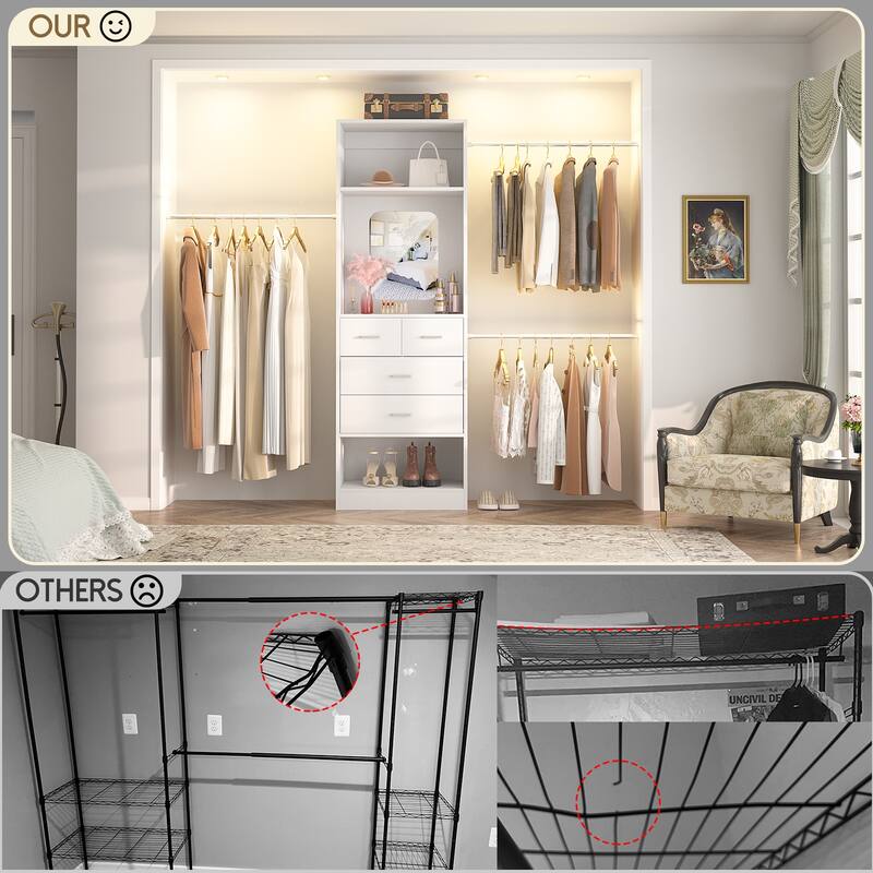8FT Walk in Closet Organizer System with 3 Extendable Hanging Rods ＆ 4 Drawers ＆ Mirror
