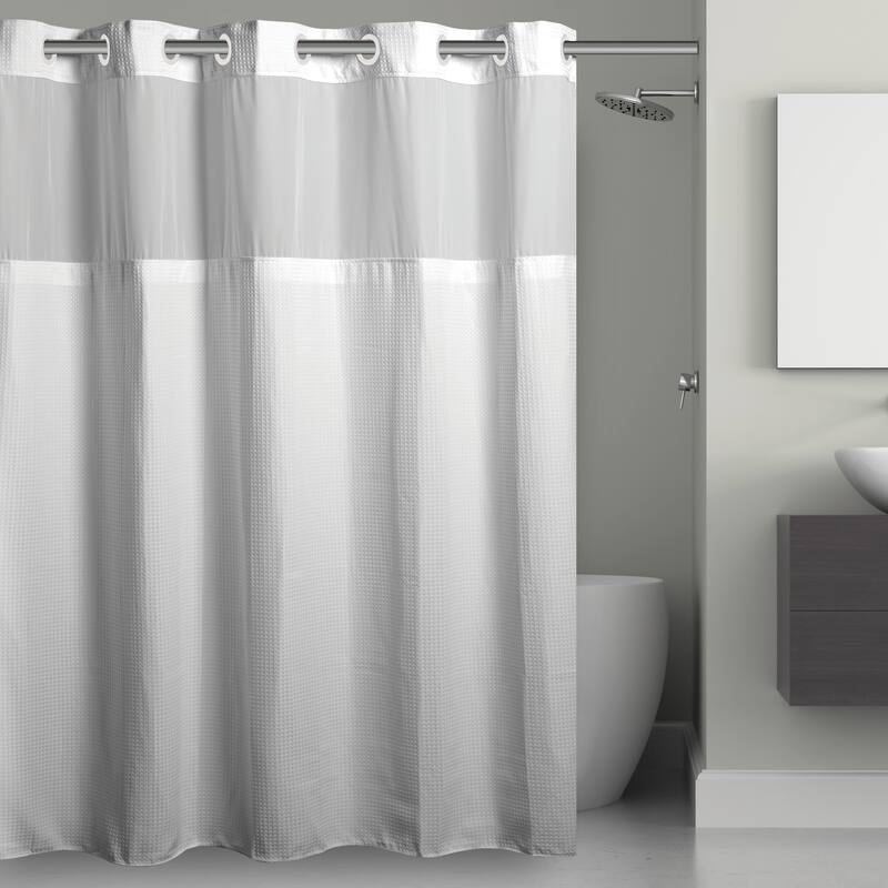 Hookless Microfiber 3-in-1 Shower Curtain with Sheer Top Window, Flex-on Rings & PEVA Liner - White