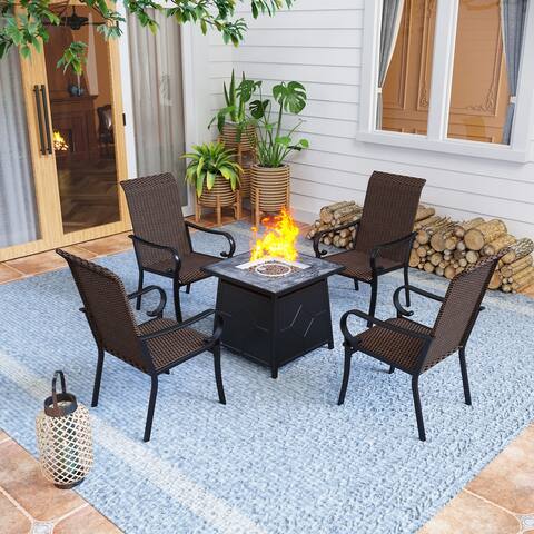 PHI VILLA 5-Piece Rattan Dining & Chat Set with 28 Inch 40,000 BTU Fire Table