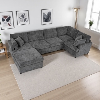 127" Chenille U-Shaped Sectional Sofa with Movable Ottoman and Modular ...