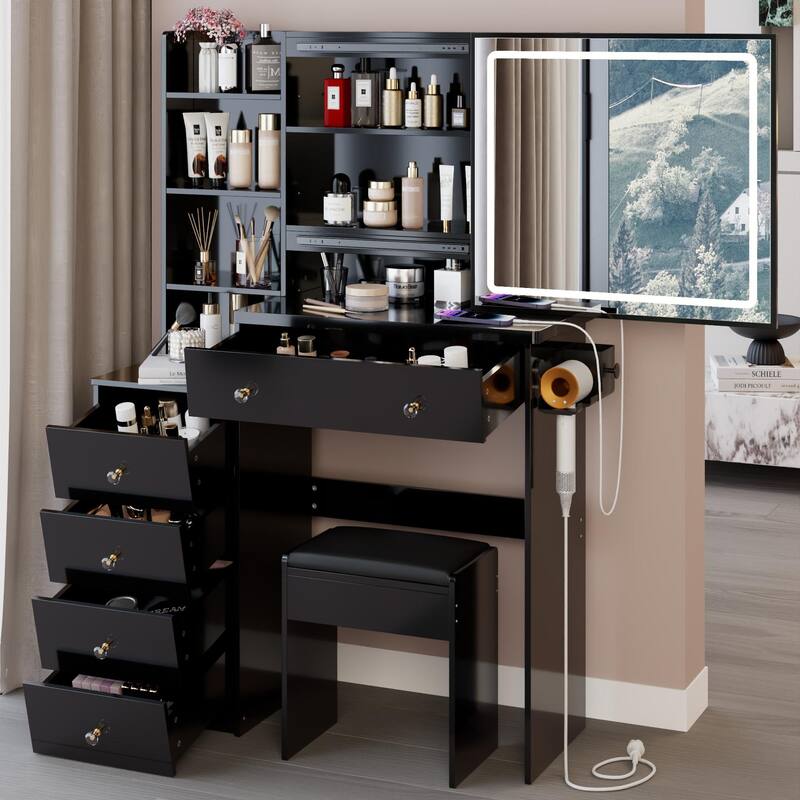 Vanity Table with Control LED Sliding Mirror, Dressing Table Set with USB Power Station, Makeup Stool with Hair Dryer Stand