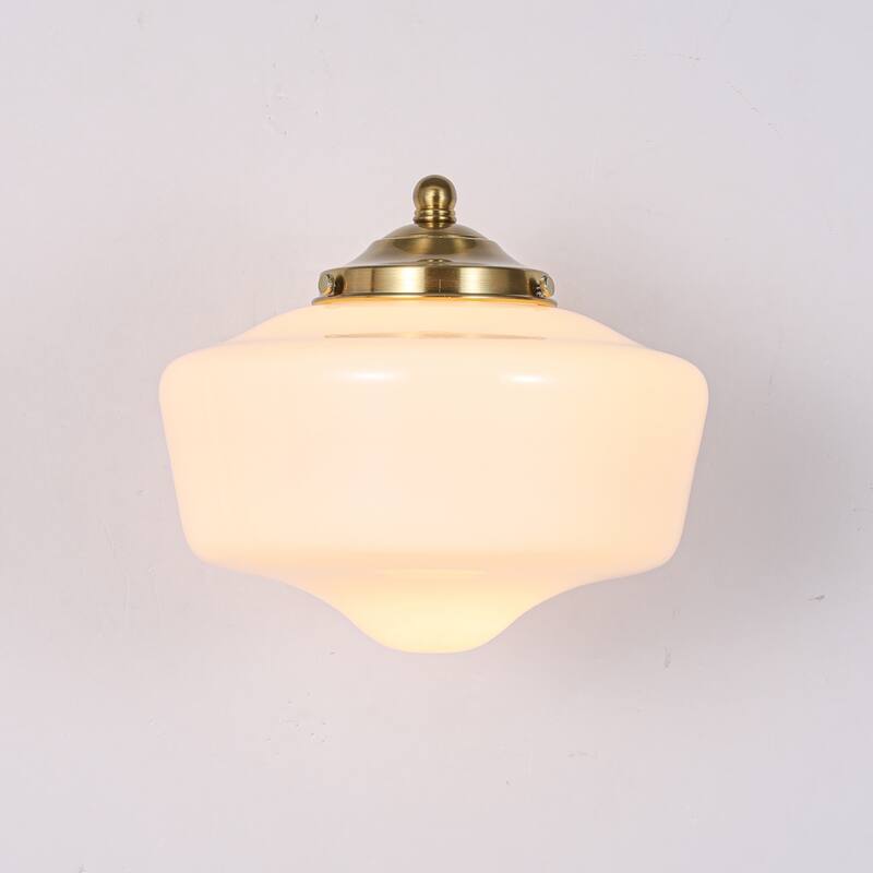 9.8 in. 1-Light Matte Black/Gold Dimmable Wall Sconce With White SchoolHouse Glass