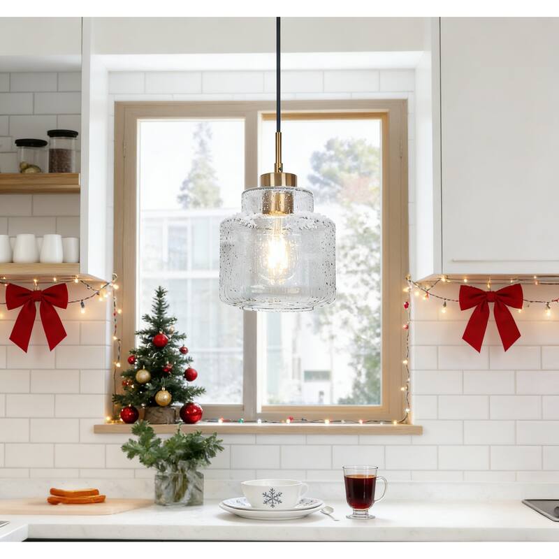 Yarge Modern Farmhouse Drum Wire Kitchen Bathroom Pendant with Art Glass Shade