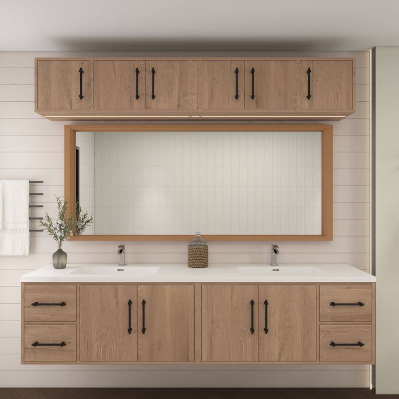 Victoria 84'' Wall-Mounted Double Sink Vanity Set with LED light Top Cabinet - 83.5 - Matte - Red Oak