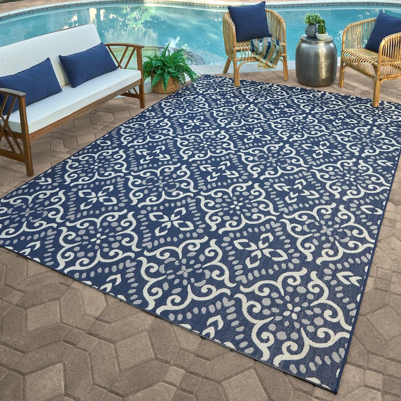 Gertmenian Solterra Bohemian Moroccan Global Weather Resistant Polypropylene Flatweave Indoor/ Outdoor Area Rug Collection - 6'6"x9'6" - Cotto Navy