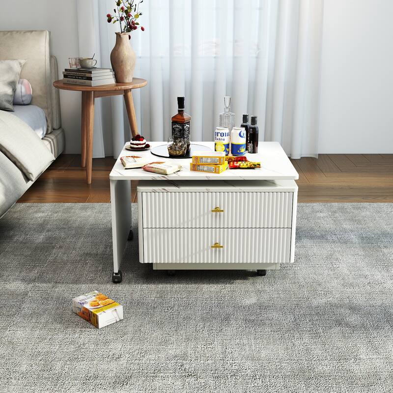 Roomfitters Extendable Coffee Table with Storage, Reversible Square Table with 2 Drawers and 6 Wheels for Living Room, White