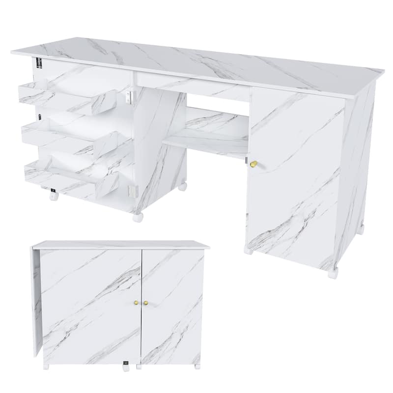 Foldable Sewing Table with Storage, 57.5" Craft Station with Locking Casters, Adjustable Cabinet & Shelves