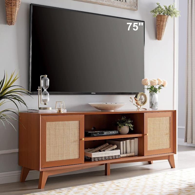 Mid-Century Modern Rattan TV Stand for 75'' TV, Entertainment Center