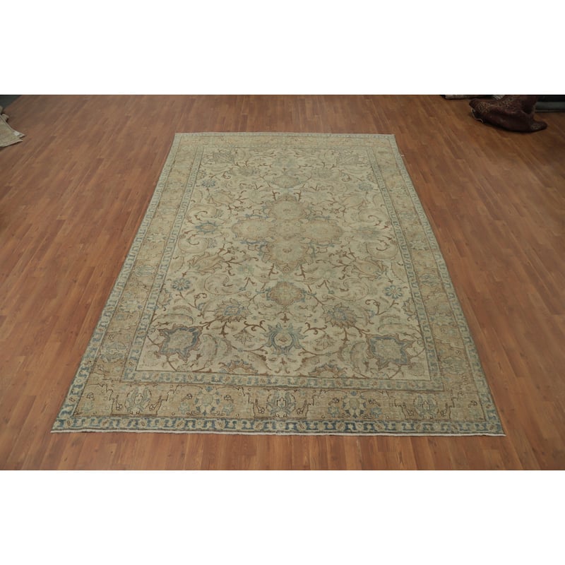 Hand Knotted Oriental 100% Wool Carpet Traditional Floral Beige & Ivories Tabriz Area Rug - 10' 8'' X 7' 5''