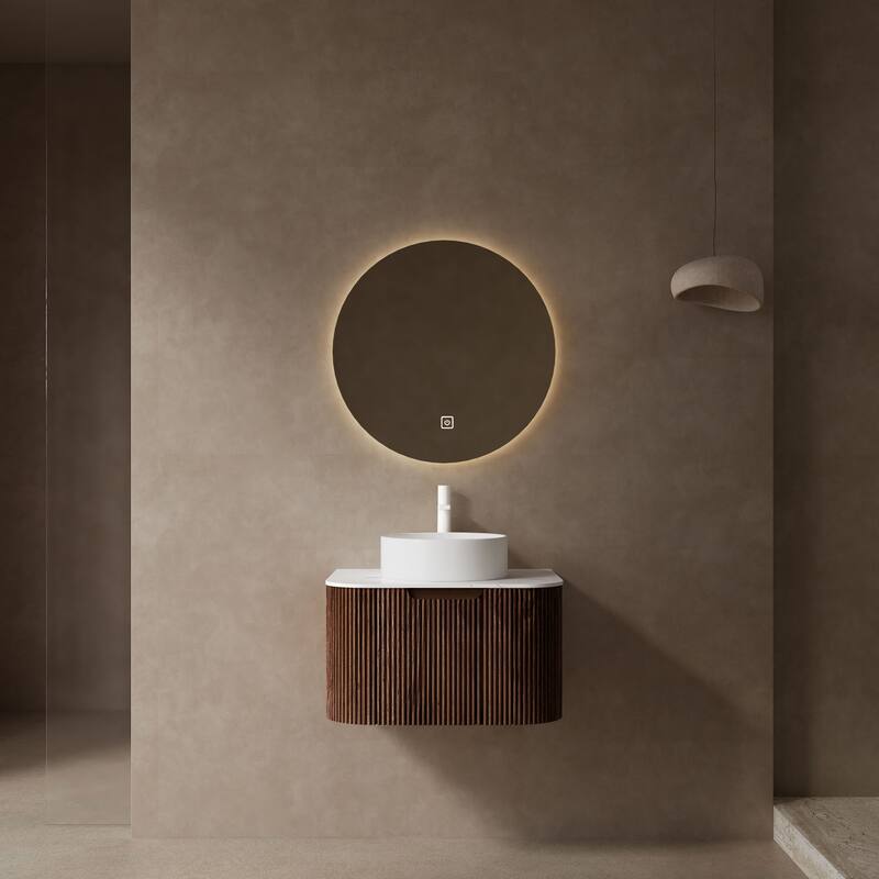 35" Wall-Mounted Bathroom Vanity with 14" Glossy Ceramic Vessel Sink, Dark Walnut 3D Striped Finish - 30 in ,Walnut,White ,Artificial Marble,Ceramic - Walnut,White