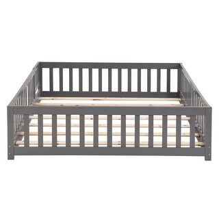 Full Size Wooden Floor Bed with Door & Fence for Children