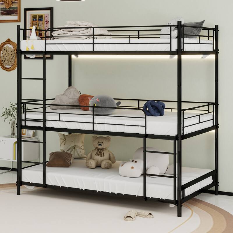 Heavy-duty triple frame bed with built-in ladder and full-length railing - Black