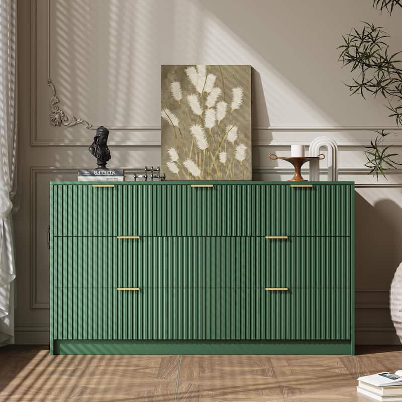 7 Drawer Dresser Fluted Wood Clothes Storage Cabinet, Modern Wide Dresser for Bedroom