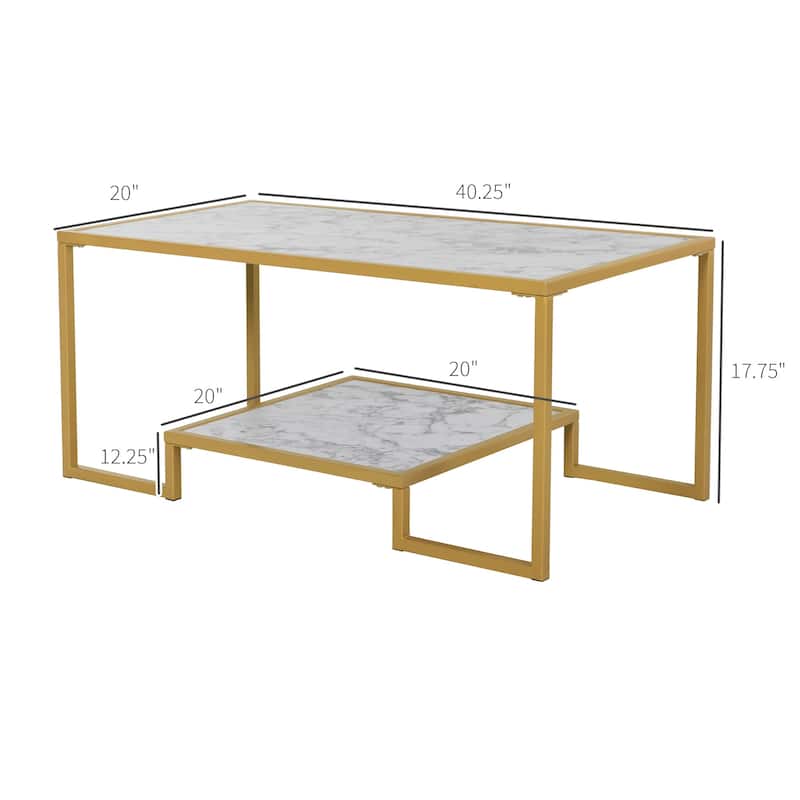 HOMCOM Minimalist Art Deco Coffee Table with Laminate Marble Print Table Top & Underneath Storage Shelf, White & Gold