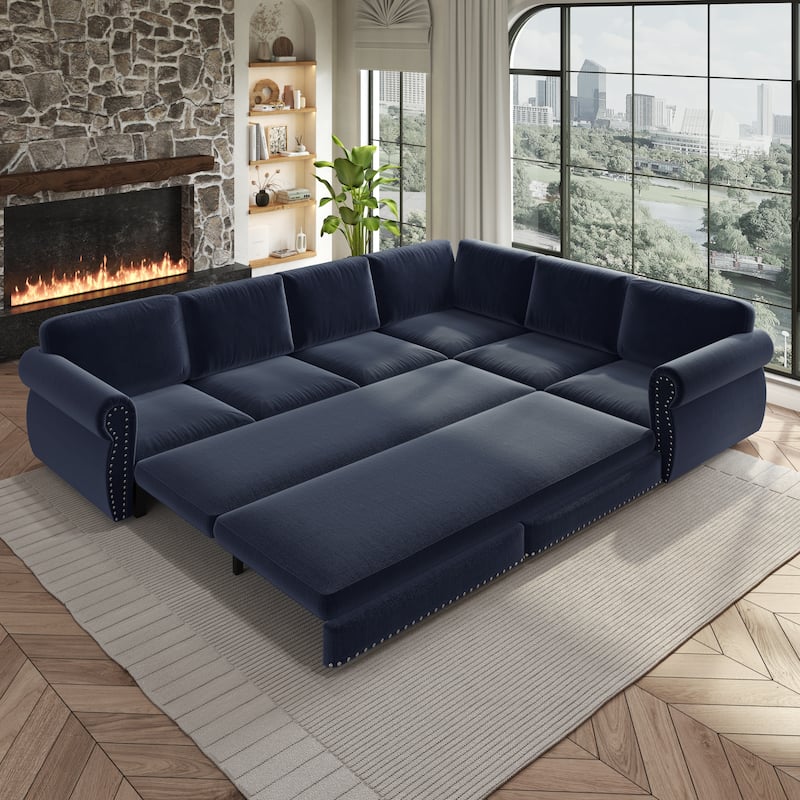 L-Shaped Sectional Sofa with Pull-Out Bed, Oversize Convertible Sleeper Sofa with Rolled Arms, Chenille Upholstery