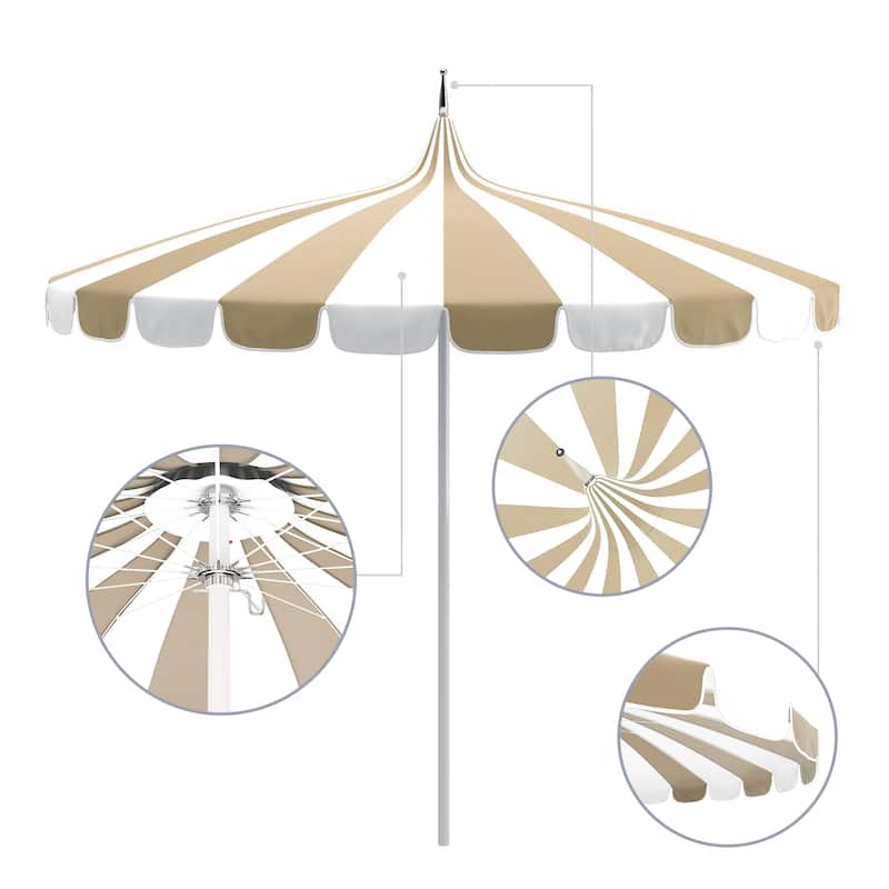 California Umbrella 8.5' Pagoda Series Patio Umbrella White Aluminum Pole Push Lift Sunbrella Natural and Pacific Blue