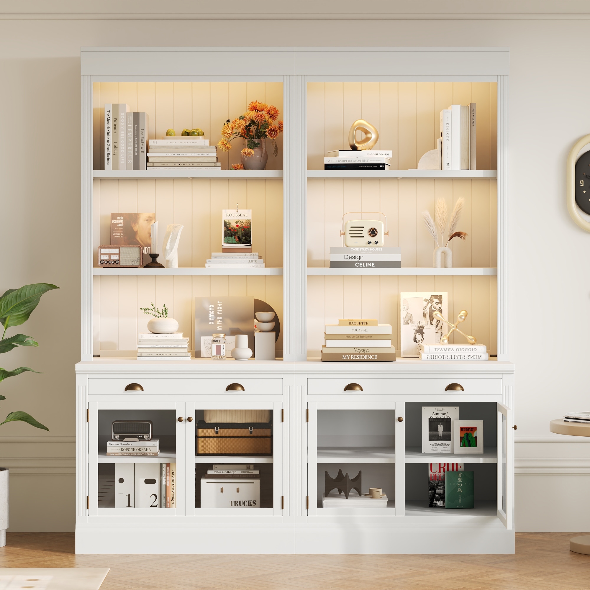 2-Piece 83.4"Tall LED Lighting Bookshelf with 2 Glass Doors & Drawer, Wood Storage Bookcase with Open Shelves for Home Office