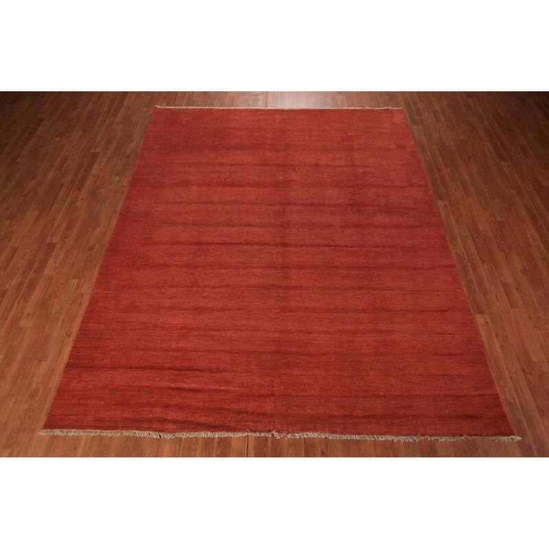 Modern Gabbeh Oriental Area Rug Hand-Knotted Orange Wool Carpet - 7'11" x 9'7"