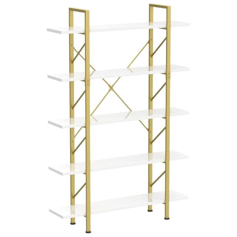 Moasis Industrial 5-Tier Bookshelf Vintage Large Bookcase Display Rack 5 Shelves for Living Room - White/Gold