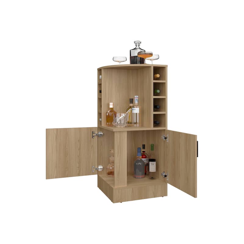 FM FURNITURE Toyei Corner Bar Cabinet with Bottle Rack, Open Shelves, and Hidden Storage, Natural Oak