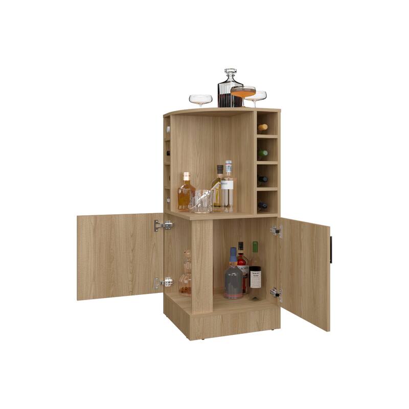 FM FURNITURE Toyei Corner Bar Cabinet with Bottle Rack, Open Shelves, and Hidden Storage