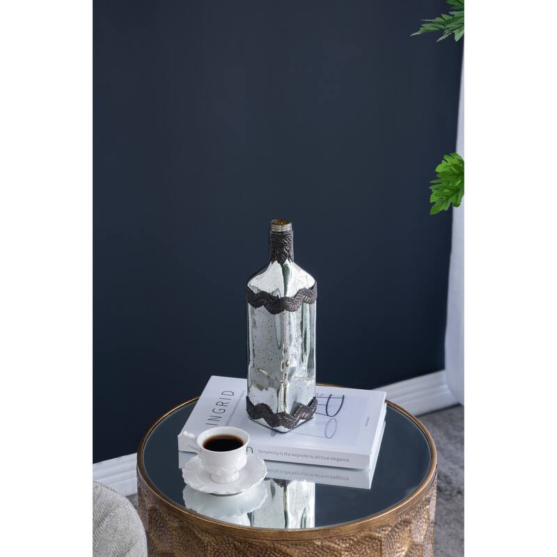 D3x12" Antique Silver Decorative Glass Bottle Vase with Bronze Leaf Accents