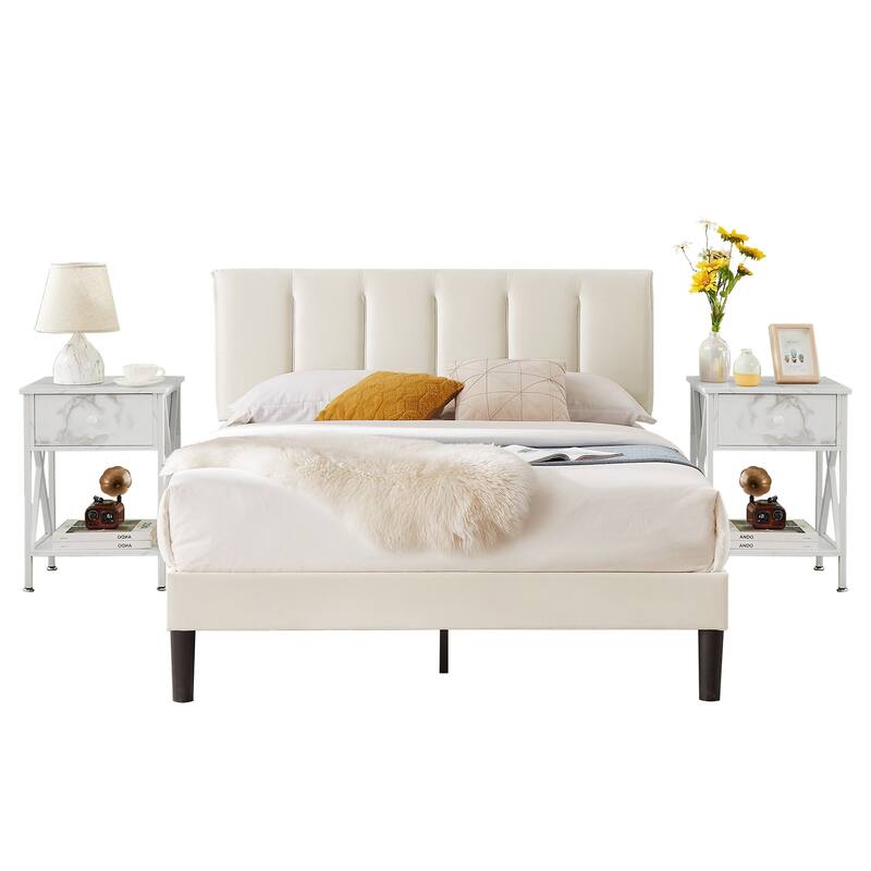 VECELO 3-Pieces Tufted Upholstered Beige Platform Bed Frame with Adjustable Height Headboard and Nightstands Set of 2