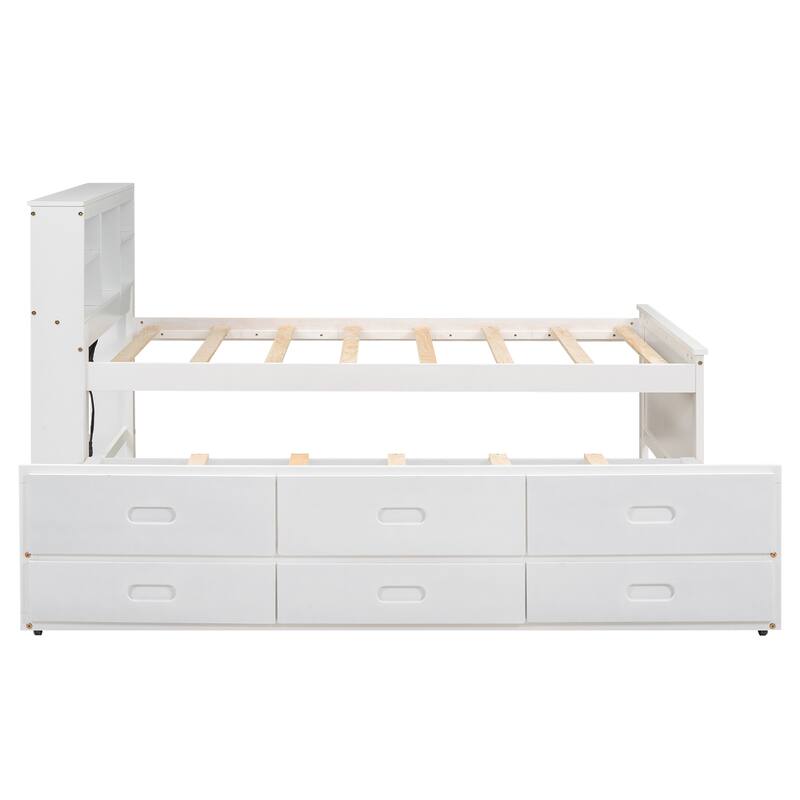 Twin Size Platform Bed with Storage Headboard and USB, Pull-out Trundle Bed and Drawers Storage Bed for Bedroom, Apartment
